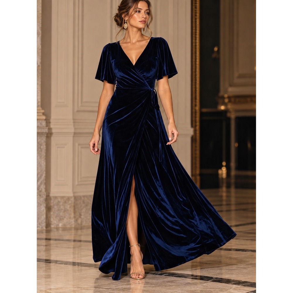 NWT Baltic Born Dark Blue Katelyn Velvet Maxi Wrap Dress M Formal Party Event